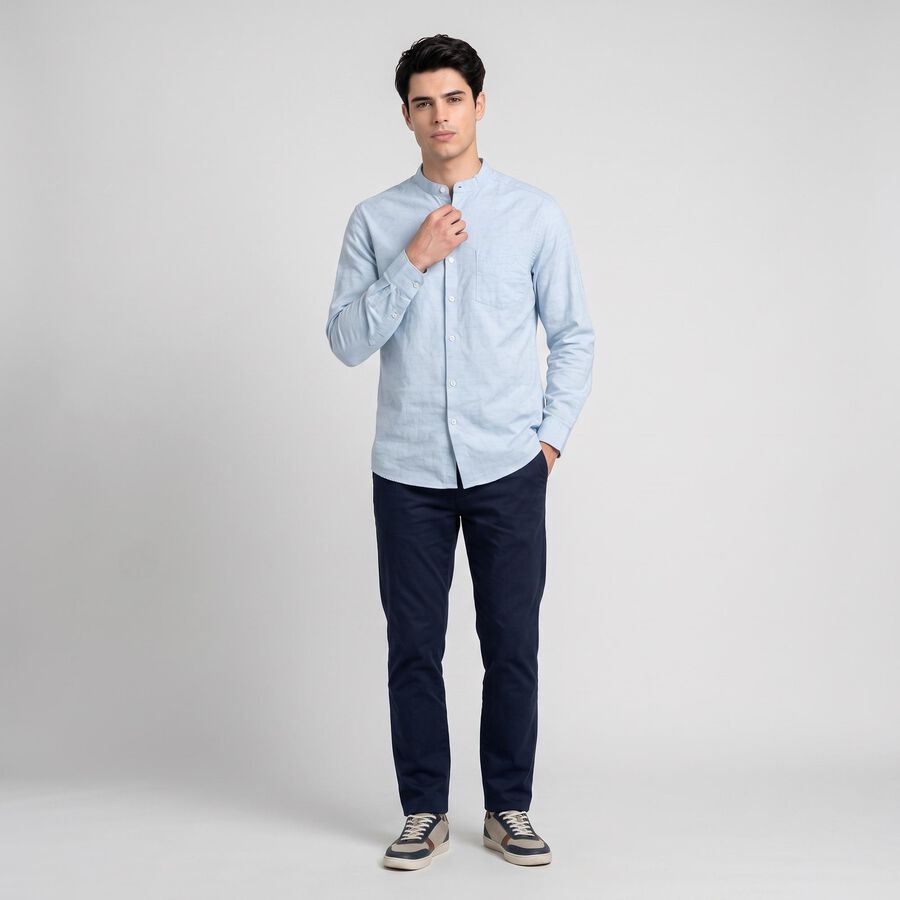 Men's Light Blue Cotton Mandarin Collar Shirt, हल्का नीला, large