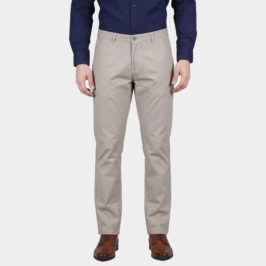 Men's Silver Slim Fit Flat-Front Casual Trousers, सिल्वर, large