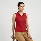 Women Red Polo Neck Preppy Polo T-Shirt, Red, small