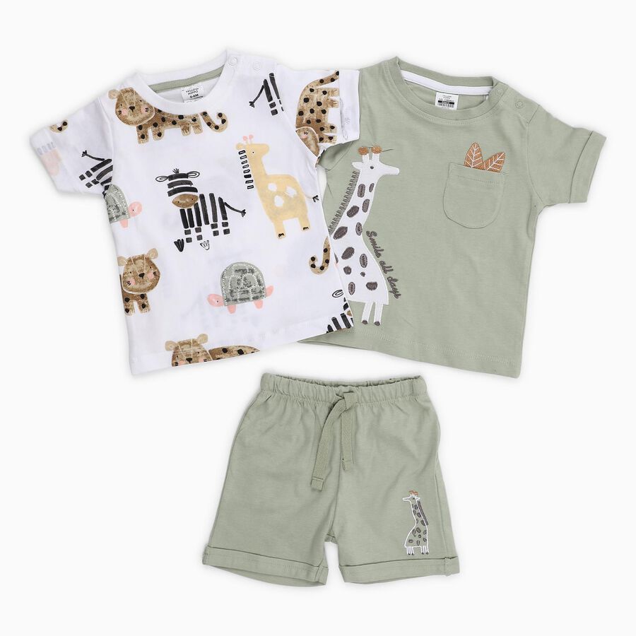 Infants' Light Green Cotton Round Neck Animal Print Baba Suit, Light Green, large image number null