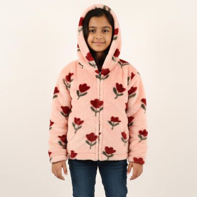 Girls Light Pink Hooded Neck Casual Sweatshirt