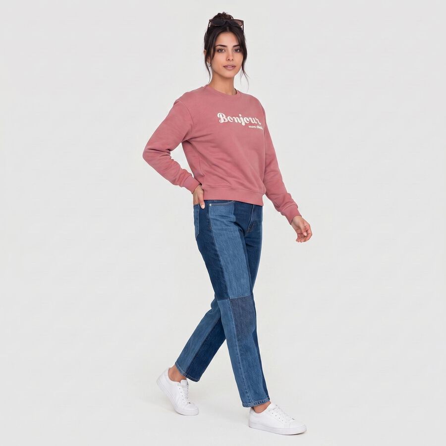Women Pink Crew Neck Pullover Sweatshirt, Pink, large