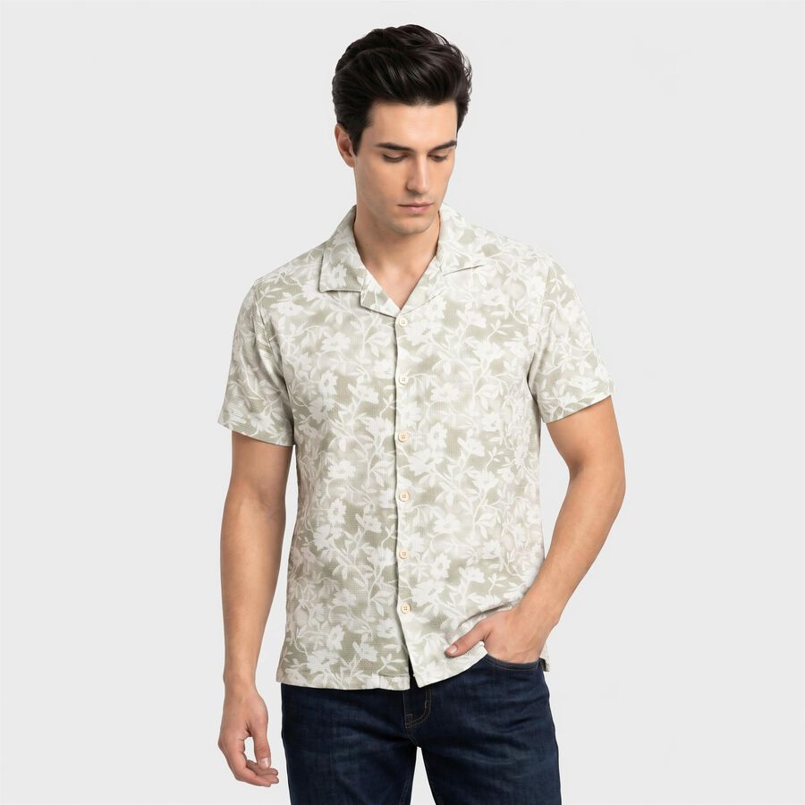 Men's Mint Green Floral Camp Collar Casual Shirt, Light Green, large