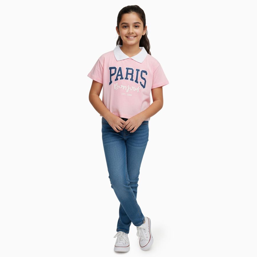 Girls Light Pink Cotton Polo Neck Graphic T-Shirt, हल्का गुलाबी, large image number null