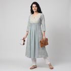 Women's Aqua Notch Neck Embroidered Kurta, एक्वा, small