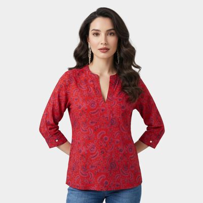Women's Maroon Notch Neck Printed Kurti