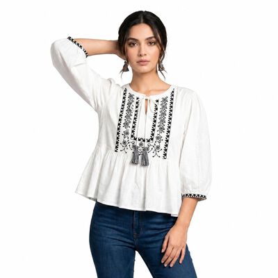 Women's White Cotton Round Neck Peplum Top