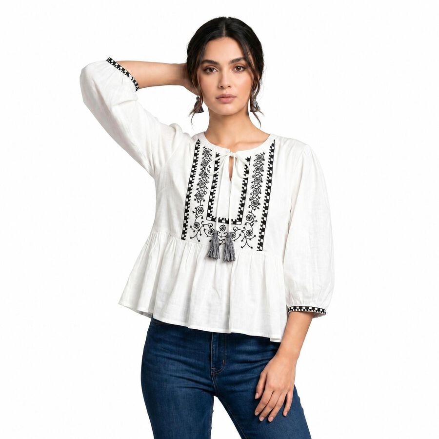 Women's White Cotton Round Neck Peplum Top, Off White, large