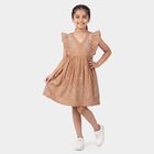 Girls' Brown Cotton V-Neck A-Line Dress, Brown, small