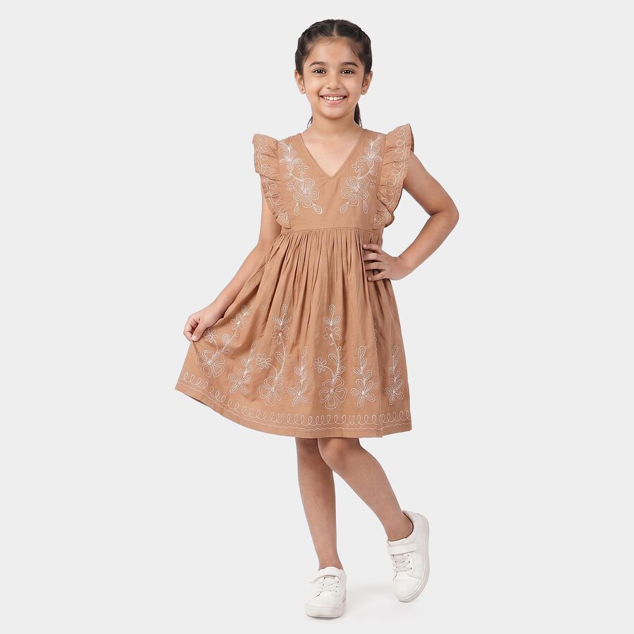 Girls' Brown Cotton V-Neck A-Line Dress, Brown, large