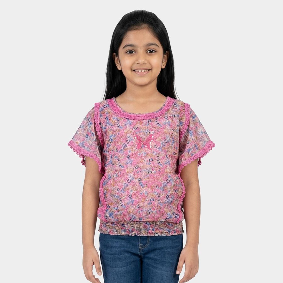 Girls Pink Round Neck Casual T-Shirt, Light Pink, large