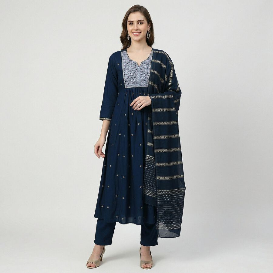 Women's Midnight Navy Classic Ethnic Set, टील ब्लू, large