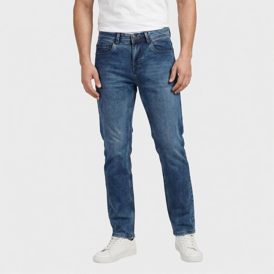 Men's Blue Slim Fit Washed Jeans, Mid Blue, large