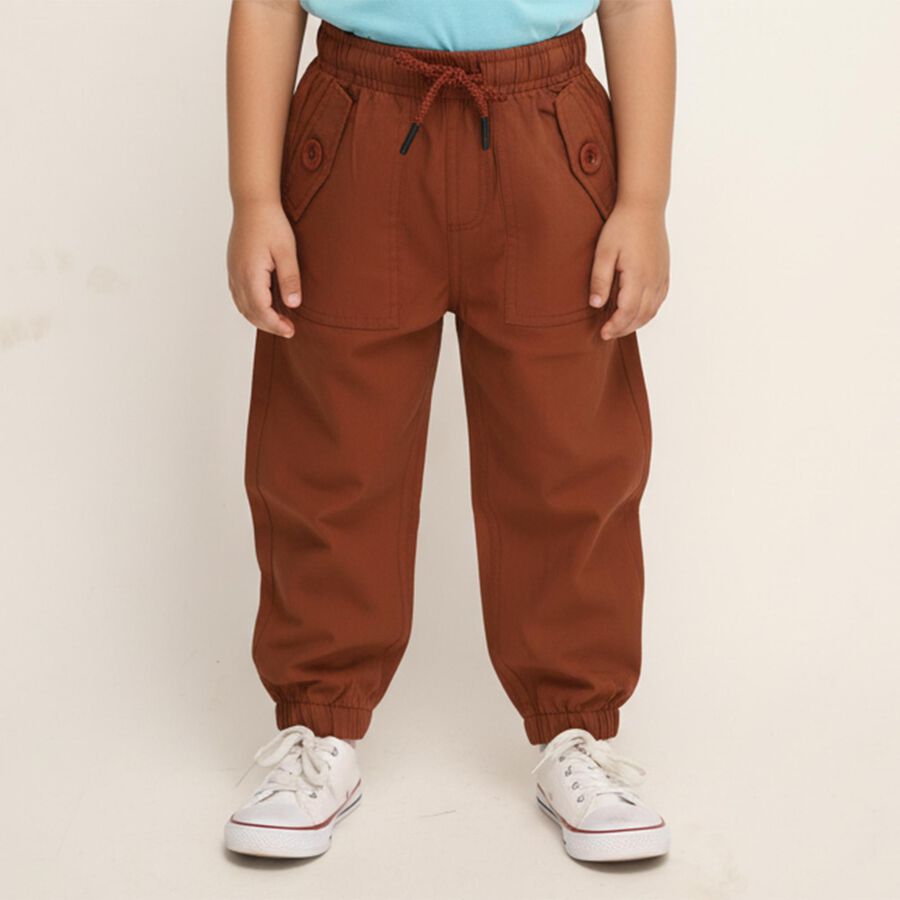 Boys Rust Brown Regular Fit Jogger Trousers, भूरा, large image number null