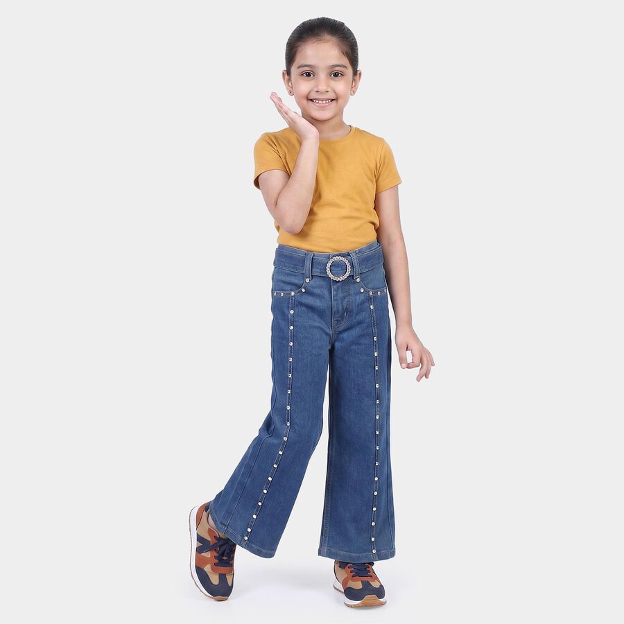 Girls Blue Flared Fit Studded Jeans, मध्यम नीला, large