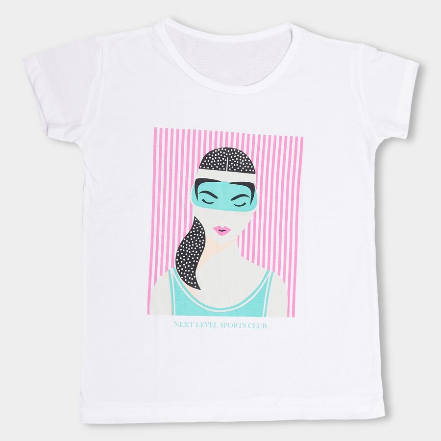 Girls' Bright Eggshell White Crew Neck Casual T-Shirt, Off White, large image number null