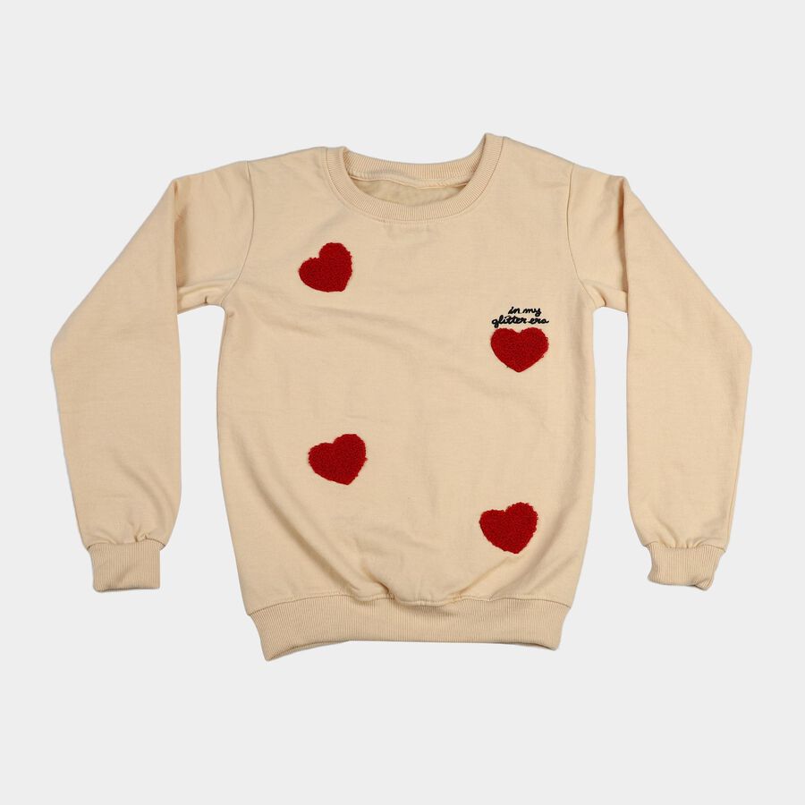 Girls' Cream Crew Neck Pullover Sweatshirt, ऑफ व्हाइट, large