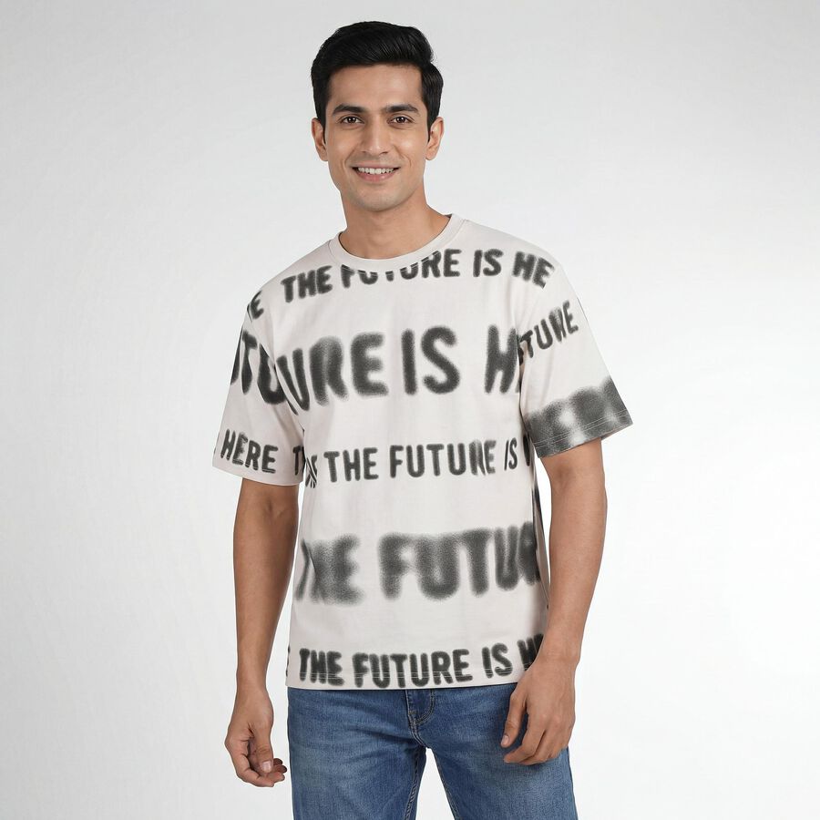 Men's Off-White Round Neck Casual T-Shirt, Off White, large