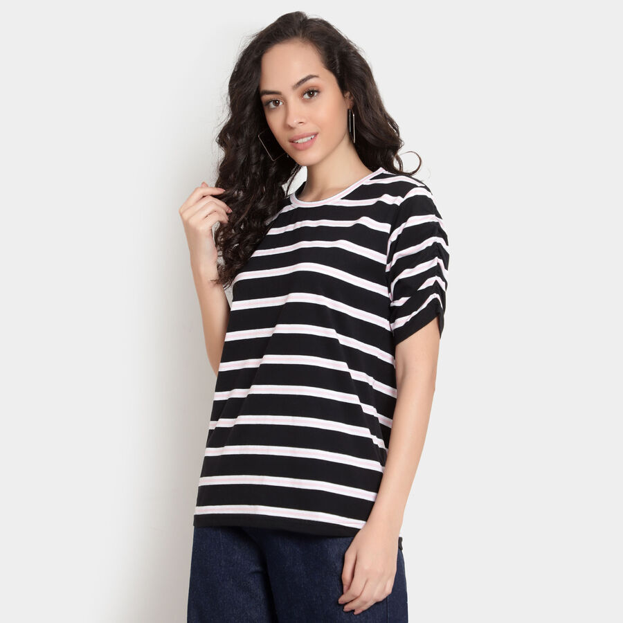 Cotton Stripes Round Neck T-Shirt, Black, large image number null