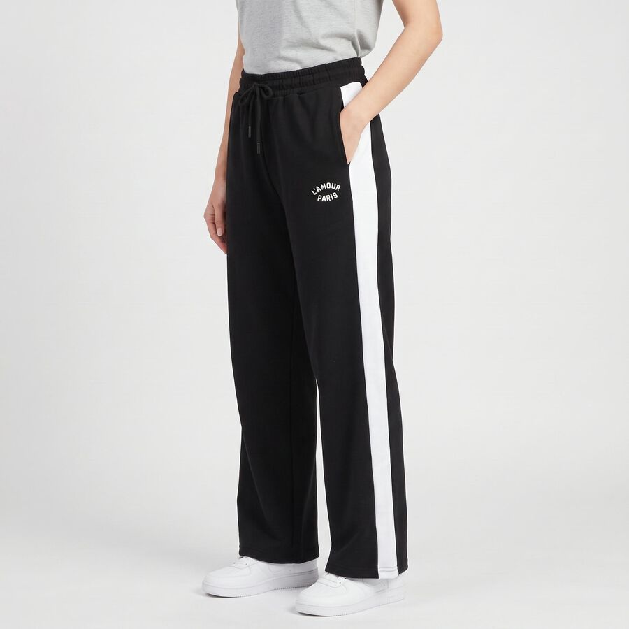 Women's Black Straight Fit Side-Striped Track Pants, Black, large