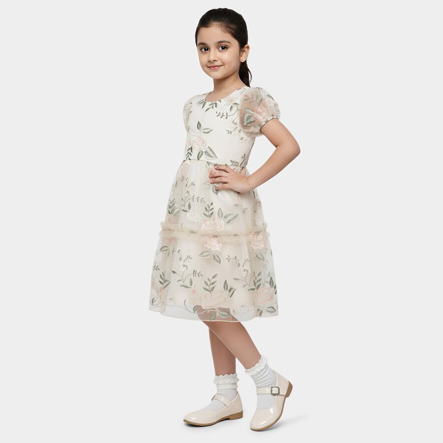 Girls' Beige Fit and Flare Lace Overlay Frock, गहरा पीला, large