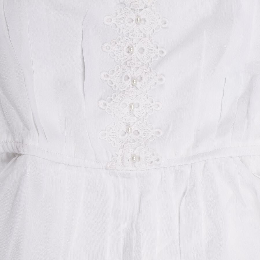 Girls' White Round Neck Ruffled T-Shirt, सफ़ेद, large image number null