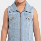 Girls' Light Blue Shift Zip Front Denim Look Frock, हल्का नीला, small