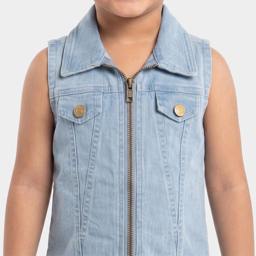 Girls' Light Blue Shift Zip Front Denim Look Frock, हल्का नीला, large