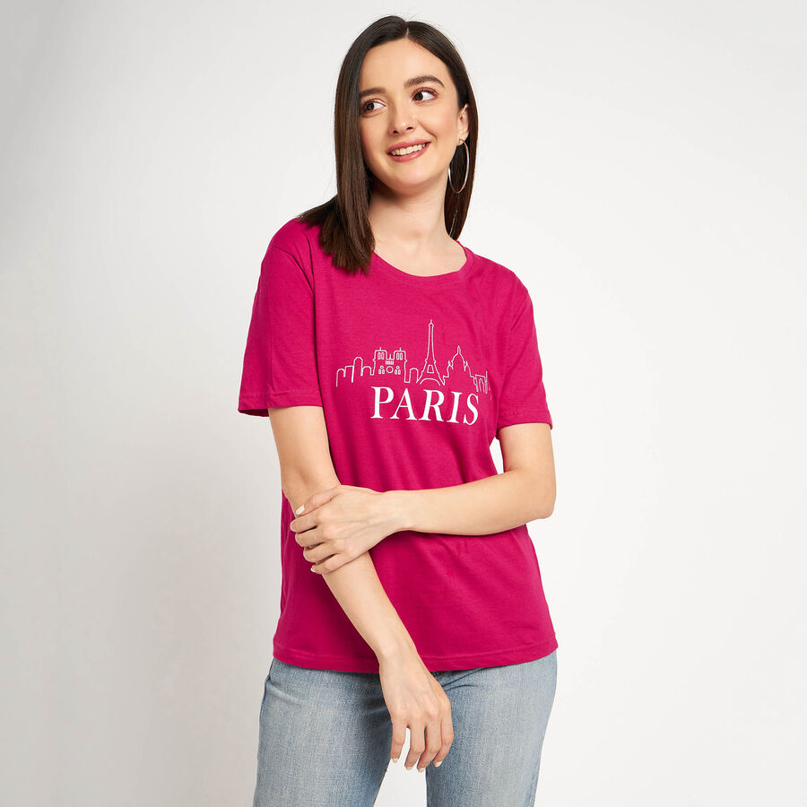 Cotton Round Neck T-Shirt, Fuchsia, large image number null