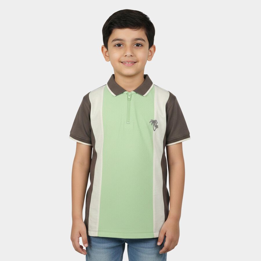 Boys' Charcoal Cotton Polo Neck Colorblocked T-Shirt, चारकोल, large
