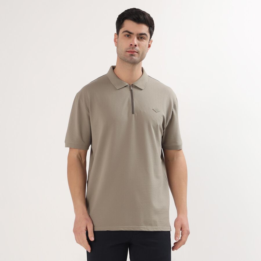 Men's Light Lime Green Polo Neck Geometric Printed Collared T-Shirt, Light Green, large