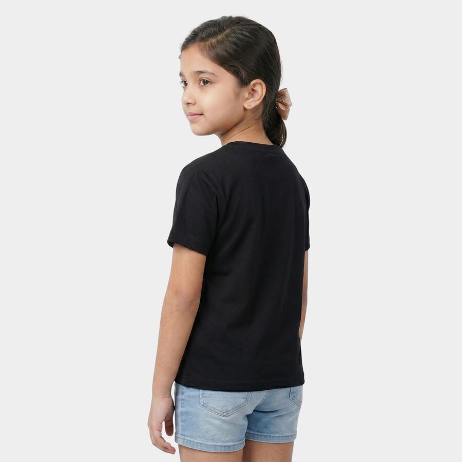 Girls Black Round Neck Regular T-Shirt, काला, large
