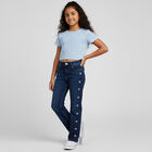 Girls' Dark Indigo Blue Straight Fit Star Print Jeans, Mid Blue, small image number null