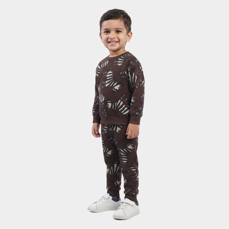 Boys Brown Crew Neck Graphic Print Baba Suit, Brown, large