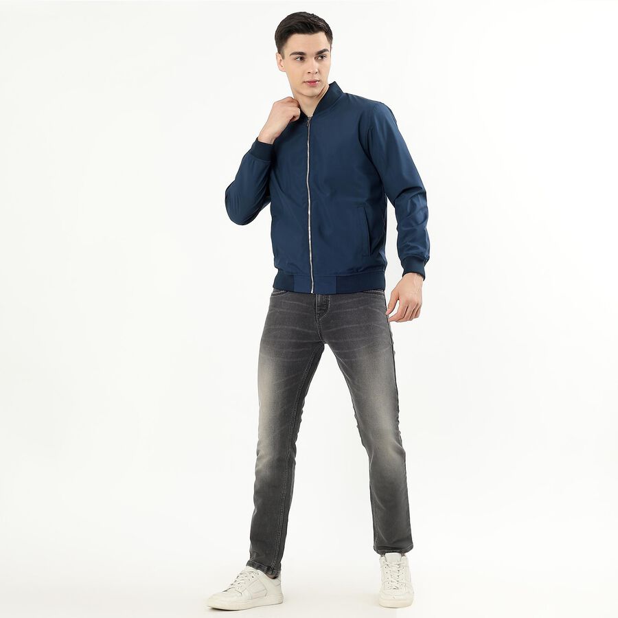 Men's Midnight Blue Baseball Collar Bomber Jacket, मध्यम नीला, large image number null