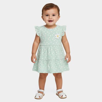 Infants' Mint Green Regular Fit Floral Printed Tiered Frock