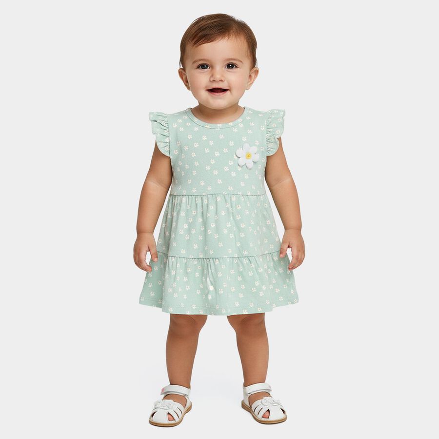 Infants' Mint Green Regular Fit Floral Printed Tiered Frock, Light Green, large