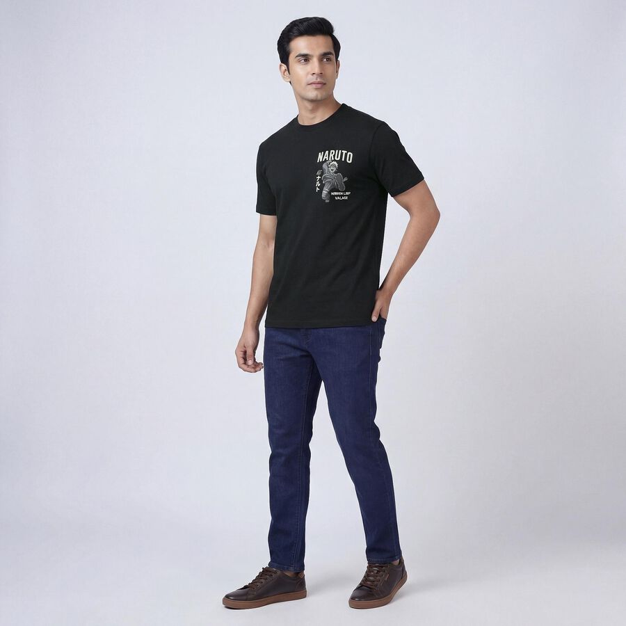 Men's Black Cotton Round Neck Casual T-Shirt, Black, large