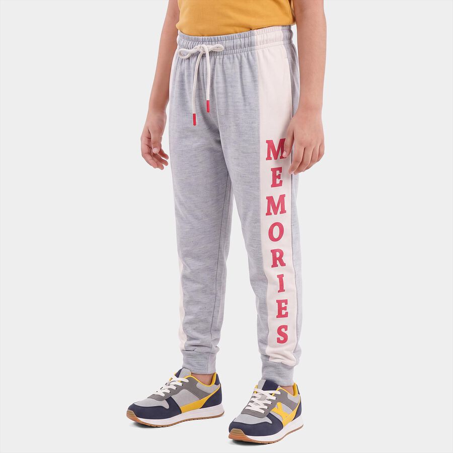 Girls' Grey Jogger Fit Typographic Print Pyjama, Light Grey, large
