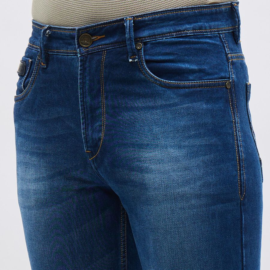 Men's Stonewashed Blue Slim Fit Whiskered Jeans, Dark Blue, large image number null