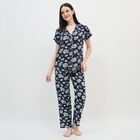 Women's Midnight Navy Blue Notch Neck Printed Night Suit, Navy Blue, small image number null