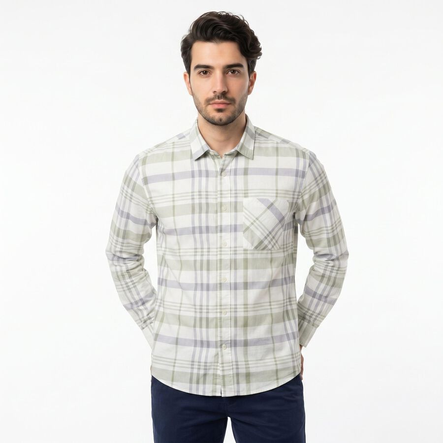 Men's White Cotton Long Sleeves Spread Collar Regular Fit Casual Shirt, सफ़ेद, large