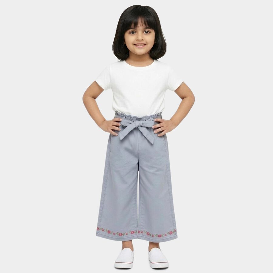 Girls' Light Grey Wide Leg Embroidered Paperbag Waist Jeans, Light Grey, large