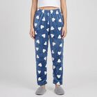 Women's Blue Straight Fit Heart Printed Lounge Pyjama, गहरा नीला, small