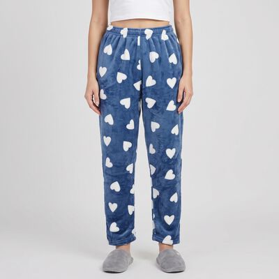 Women's Blue Straight Fit Heart Printed Lounge Pyjama