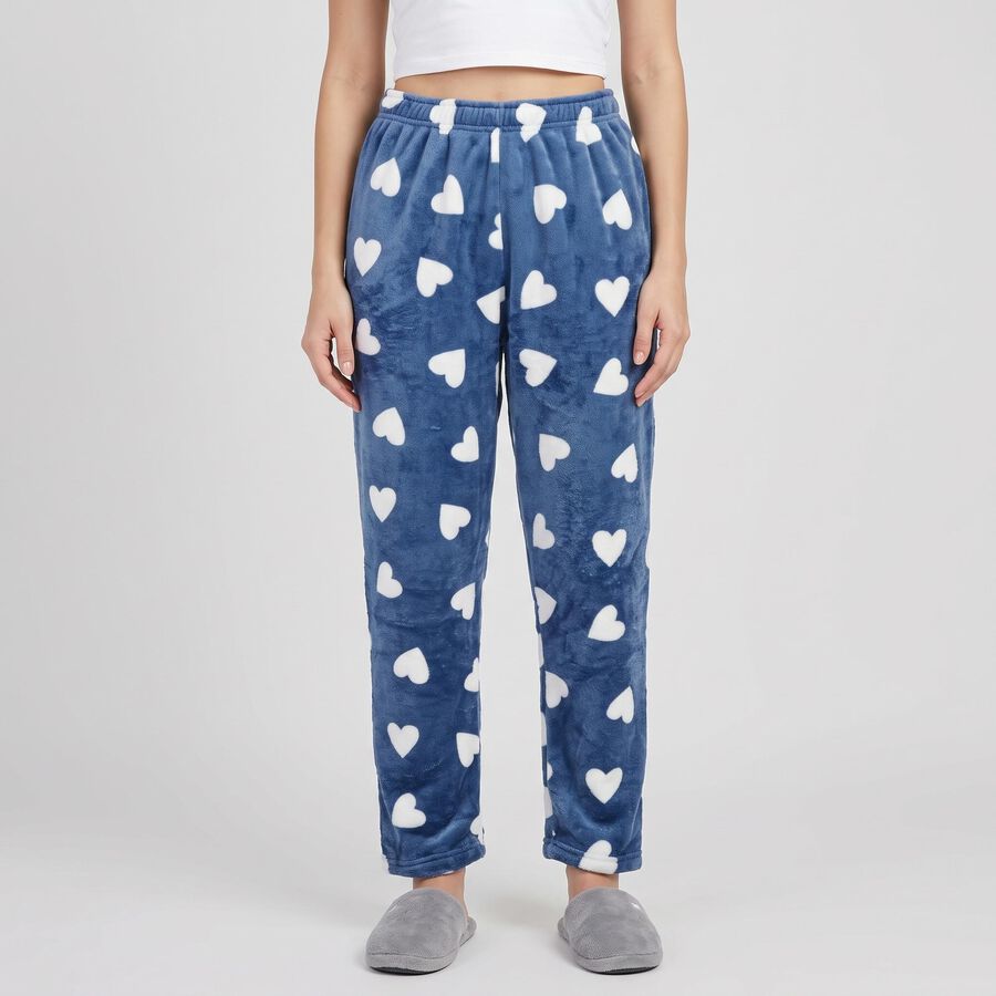 Women's Blue Straight Fit Heart Printed Lounge Pyjama, गहरा नीला, large
