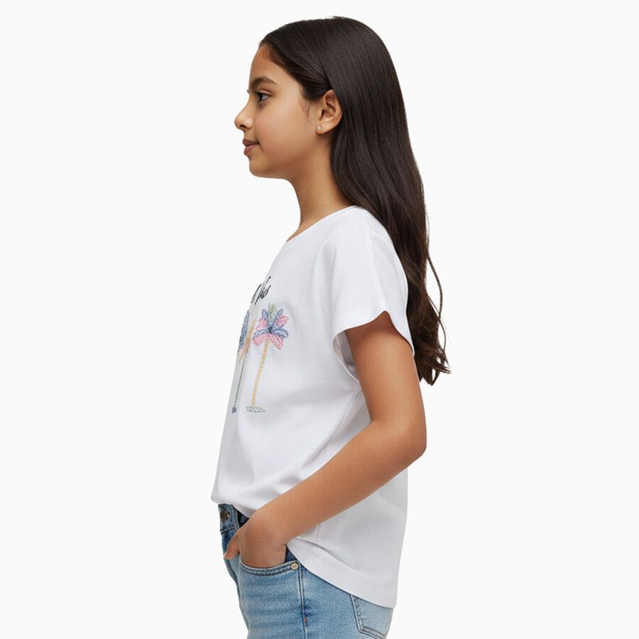 Girls' White Cotton Round Neck Embroidered T-Shirt, सफ़ेद, large