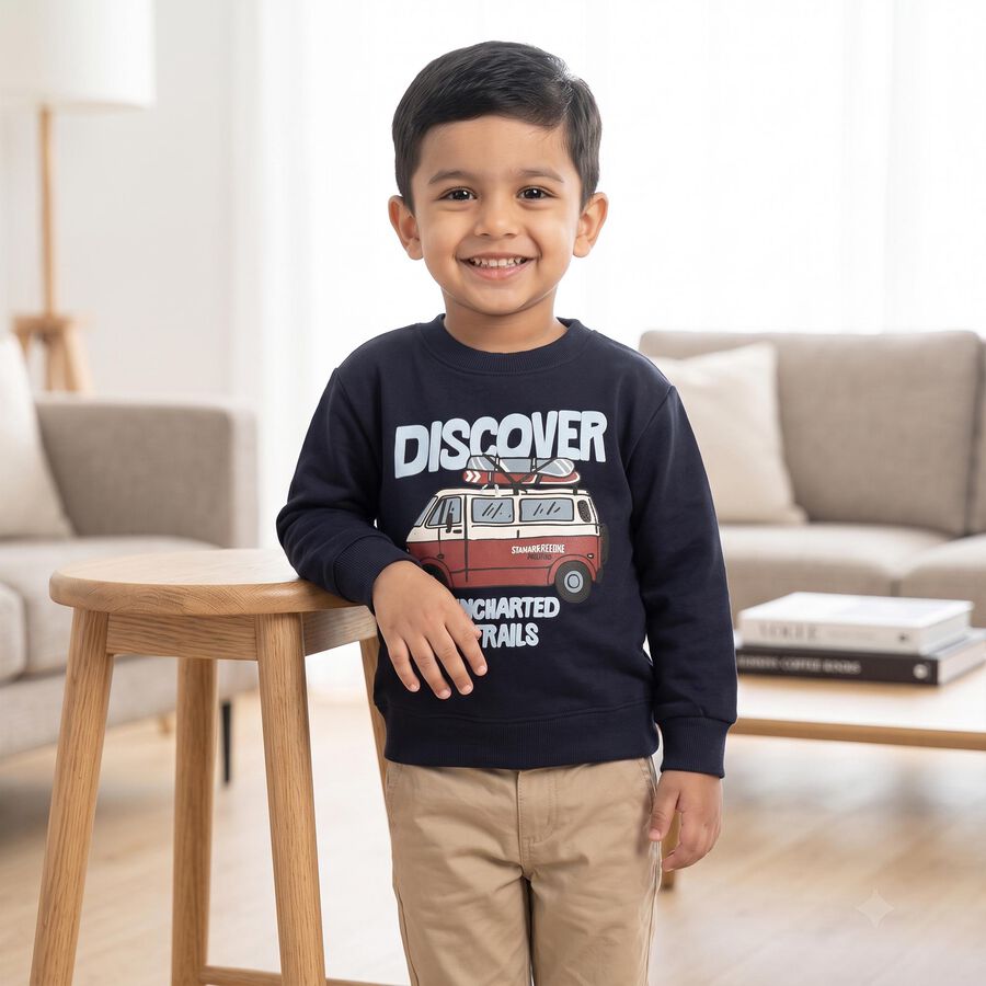 Boys' Navy Blue Crew Neck Graphic Print Sweatshirt, Navy Blue, large