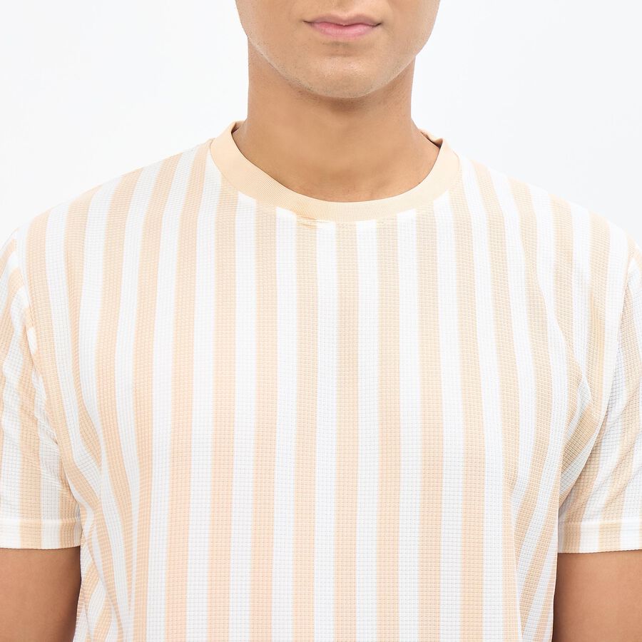Men's Beige and White Crew Neck Striped T-Shirt, White, large