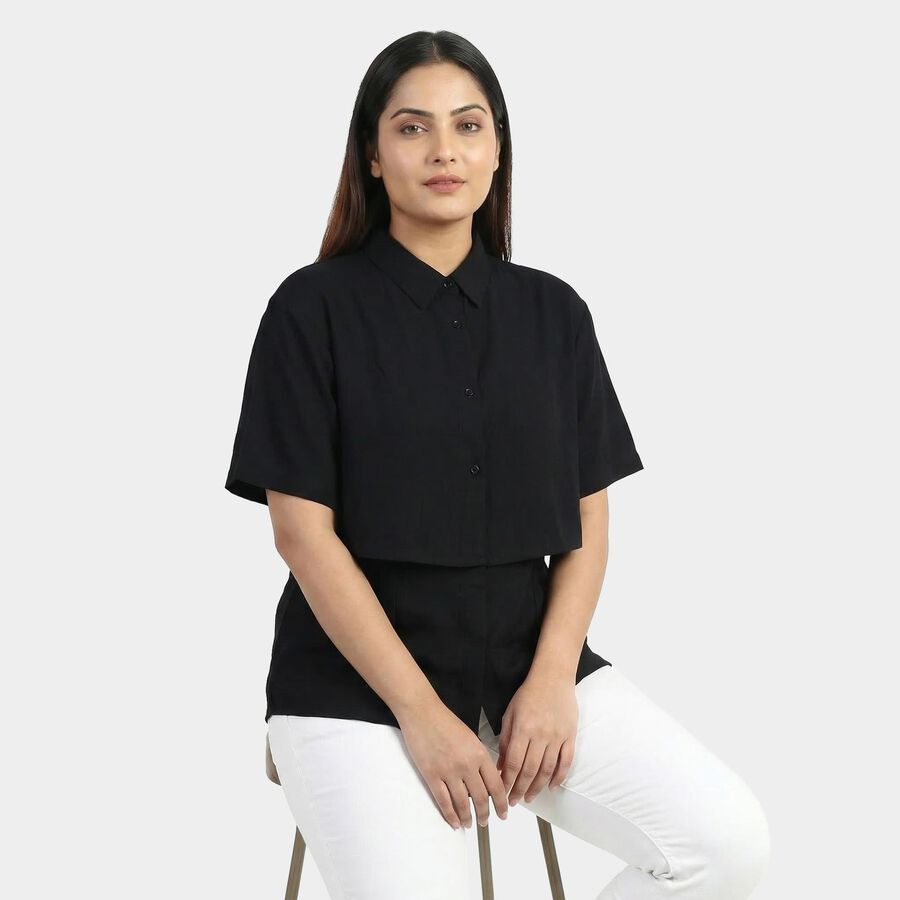 Women's Black Classic Collar Military Shirt, काला, large